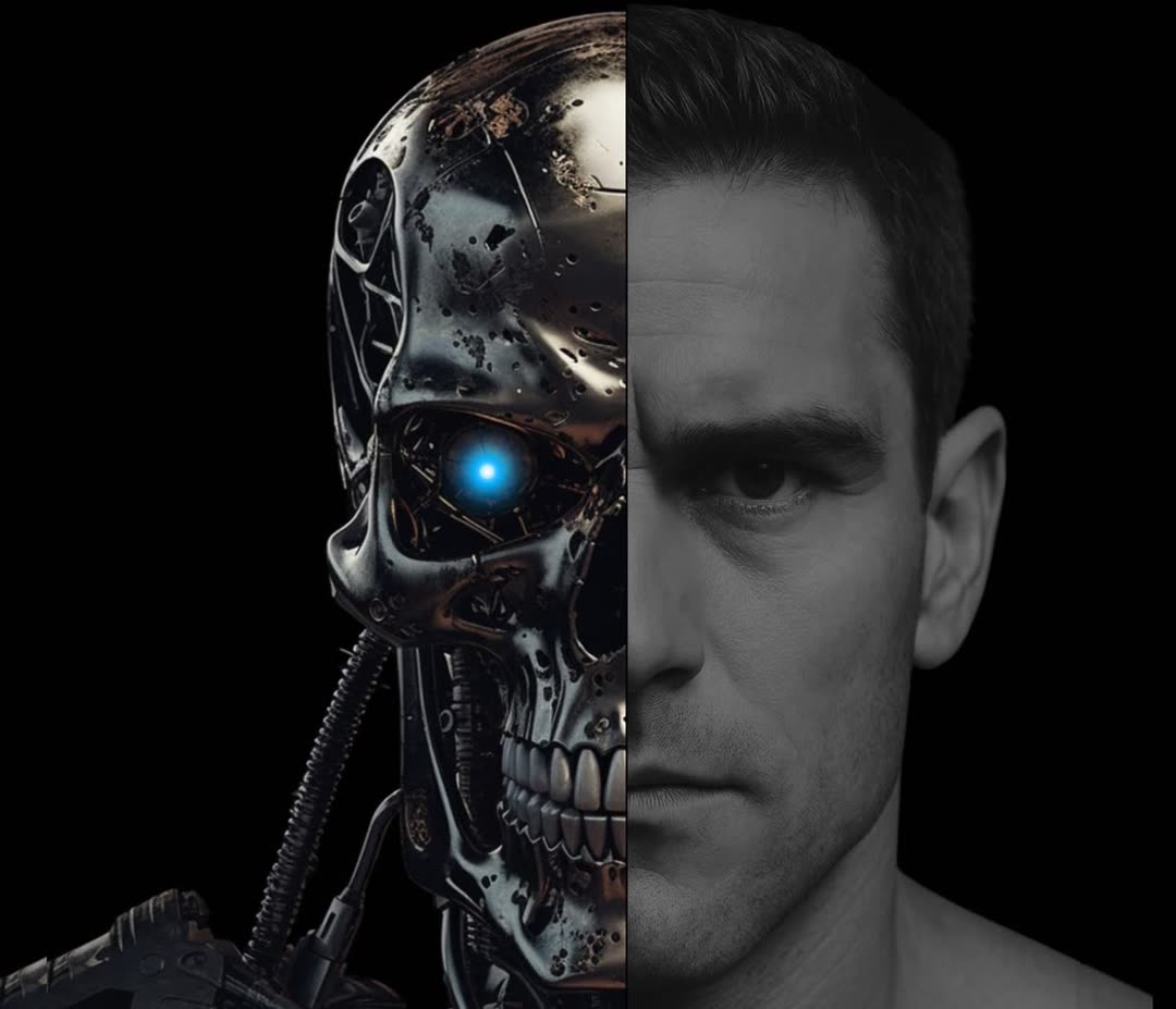 A face split down the middle — one half machine, one half man